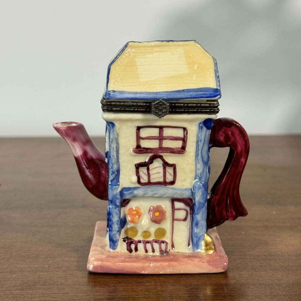 Vintage Limoges Style Teapot House Trinket Box Hinged Porcelain Miniature